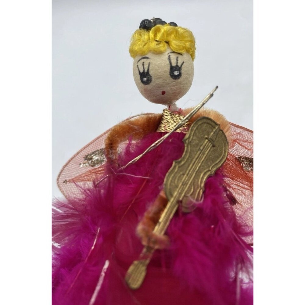 Vintage Feather Angel Hot Pink Christmas Holiday 5 " Cardboard Violin Kitsch MCM - Picture 11 of 16